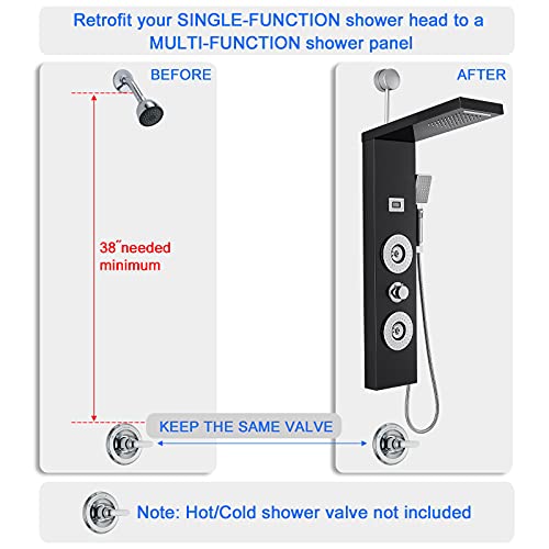 ROVOGO RETROFIT Shower Panel Tower with LED Lights and Temperature Display | Rainfall Waterfall Shower Head, Body Jets and Handheld, Stainless Shower Column Black, Easy Connect, NOT INCLUDE MIXING VALVE
