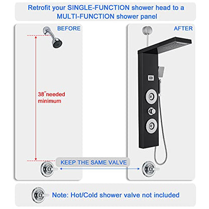 ROVOGO RETROFIT Shower Panel Tower with LED Lights and Temperature Display | Rainfall Waterfall Shower Head, Body Jets and Handheld, Stainless Shower Column Black, Easy Connect, NOT INCLUDE MIXING VALVE
