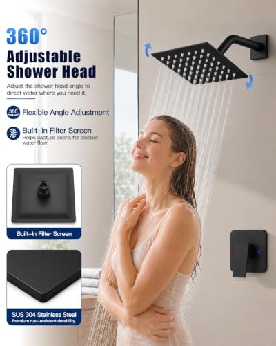 Heyalan 6 Inch Square Rain Shower Faucet Set with Valve, Matte Black | Female-thread 1/2-inch NPT connections, SUS304 shower head, brass rough-in valve, single-handle control Shower Set - color: Black, size: 6 Inch Square Shower Head