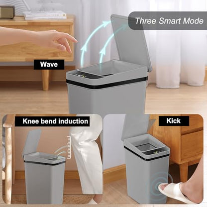 3 PACK - Small Trash Can with Lid for Bathroom - Automatic Trash Cans | Bedroom, Kitchen, Office - 2.5 Gallon Slim Smart Garbage Can Touchless - Motion Sensor Trash can Bathroom ( Grey ) - color: Grey