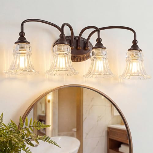 4-Light Vintage Bathroom Light Fixtures, Oil Rubbed Bronze | Vanity Lights Over Mirror with Floral Glass Shade for Bathroom Powder Room, Living Room Hallway - color: Oil-Rubbed Bronze, size: 4-light