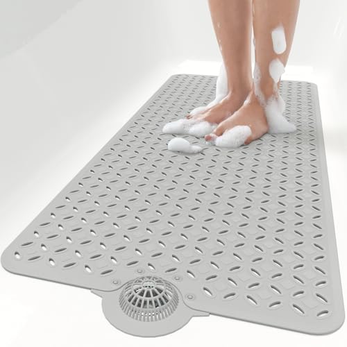 OTHWAY Bath Mat for Tub Non Slip: 39" X 17" Long Bathtub Mat with Hair Catcher│Big Drain Holes Shower Mats for Inside Shower│Machine Washable (Grey) - color: A Gray