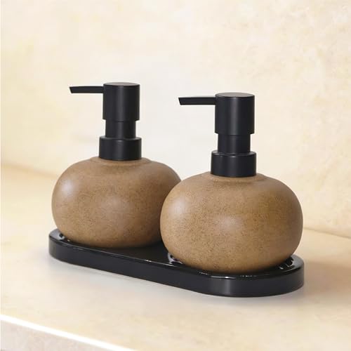 10oz Ceramic Hand Soap Dispenser, Elegant Liquid Soap Dispenser for Bathroom Countertop, Heavy & Sturdy Dish Soap Dispenser for Kitchen (Brown Set of 2 & Ceramic Tray) - color: Brown Set of 2 & Ceramic Tray