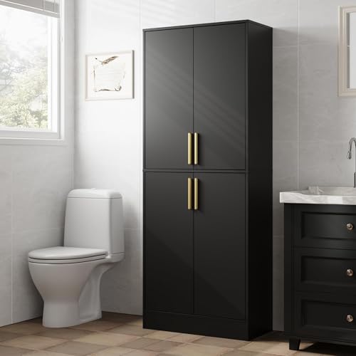 Housoul 71" Tall Pantry Cabinet, 4 Doors Kitchen Pantry Storage Cabinet, Freestanding Larder Cupboard, Kitchen Hutch with Gold Handles for Dining Room, Bathroom, Black - color: Black