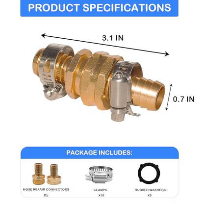 Hourleey Garden Hose Repair 1/2 Inch, Aluminum Mender Hose Connector Fitting with Clamp, Fit 1/2" Male & Female Hose Connector, 5 Sets - size: 1/2" - 5 Set