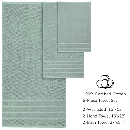 Feather & Stitch 100% Cotton 625 GSM Bath Towel Set of 6, Ultra Soft Highly Absorbent 2 Bath Towels, 2 Hand Towels & 2 Washcloth - Luxury Quick Dry Shower Towels (Granite Green) - color: Granite Green