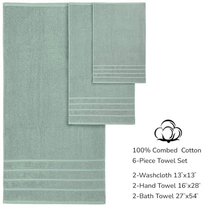 Feather & Stitch 100% Cotton 625 GSM Bath Towel Set of 6, Ultra Soft Highly Absorbent 2 Bath Towels, 2 Hand Towels & 2 Washcloth - Luxury Quick Dry Shower Towels (Granite Green) - color: Granite Green