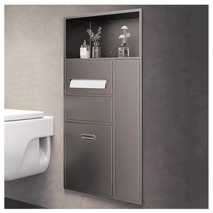 Recessed Bathroom Niche Cabinet, Stainless Steel Wall Mounted Bathroom Storage Organizer with Trash Can, Tissue Holder & Detachable Shelves, Waterproof Shower Niche Bathroom Shelf - color: Gray