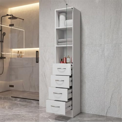 Tuhome Vanguard Tall Linen Cabinet, 68.3" Glass-Door Bathroom Linen Tower with 4 Drawers & 3 Open Shelves, Slim 12" Engineered Wood Linen Storage Cabinet