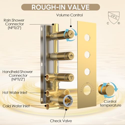 Thermostatic Dual Shower System Brushed Gold,Push Button Diverter Rainfall Shower Faucet Set with 2 in 1 Handheld Spray,12'' Ceiling Mount and 6'' Wall Mount Rainfall Shower System - color: Gold, size: 12"-2