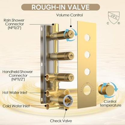 Thermostatic Dual Shower System Brushed Gold,Push Button Diverter Rainfall Shower Faucet Set with 2 in 1 Handheld Spray,12'' Ceiling Mount and 6'' Wall Mount Rainfall Shower System - color: Gold, size: 12"-2
