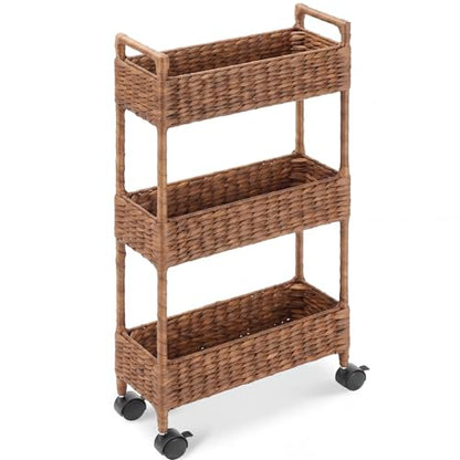 Best Choice Products 3-Tier Slim Water Hyacinth Rolling Nursery Caddy w/Wheels, Handwoven Utility Cart, Narrow Storage Organization for Bathroom, Craft Room, Laundry Room - Chestnut - color: Chestnut