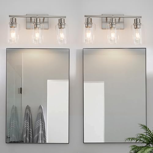 Bathroom Vanity Light Fixtures, 3-Light Brushed Nickel Bathroom Lights, Wall Sconces with Clear Glass Shade for Hallway Farmhouse Bedroom Living Room - color: Nickel 3-Light