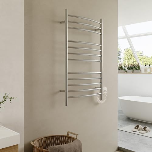 12-Bar Curved Towel Warmer, Heated Towel Rack with Timer, Brushed | 12 Curved Heating Bars, Timer And Temperature Control, 160W Power, Wall-Mounted Design, Plug-In Or Hardwired Installation - color: Brushed