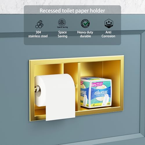 Neodrain Gold Dual Roll Recessed Toilet Paper Holder,for Standard/Mega Roll | 304 Stainless Steel, Hidden In-Wall, Simple Loading and Unloading, Space-Saving for Modern Bathrooms & RV - color: Gold