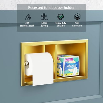 Neodrain Gold Dual Roll Recessed Toilet Paper Holder,for Standard/Mega Roll | 304 Stainless Steel, Hidden In-Wall, Simple Loading and Unloading, Space-Saving for Modern Bathrooms & RV - color: Gold