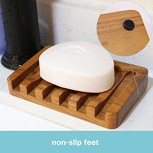 HTB Soap Dish with Slanted Waterfall Design,Teak Wood Bar Soap Holder | Soap Saver Keep Soap Bar Dry,Extend Soap Life,Non-slip Soap Tray for Shower,Bathroom,Sink,Kitchen,Countertop,Self Draining - color: 1pcs