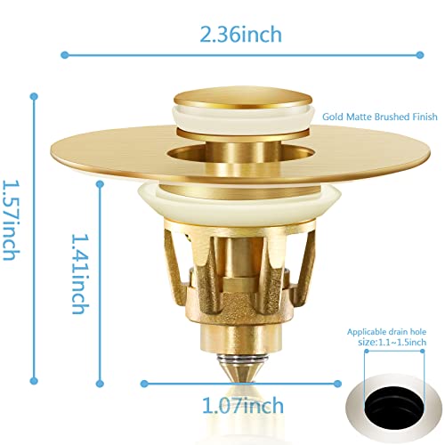 Gold Bathroom Sink Stopper – Pop Up Drain Stopper & Strainer, 2-in-1 Universal Sink Stopper, Compatible with 1.1" to 1.5" Bathroom Sink Drain Pipes, Gold Matte Brushed Finish - color: Gold Matte Brushed Finish