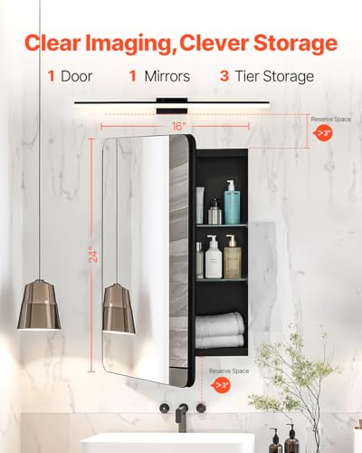 VEVOR Medicine Cabinet, 16 x 24 inch, Medicine Cabinet for Bathroom with Mirror, Aluminum Frame Bathroom Wall Cabinet, 2-Layer Adjustable Shelves, Recessed & Wall-Mounted Installation - size: 16x24in