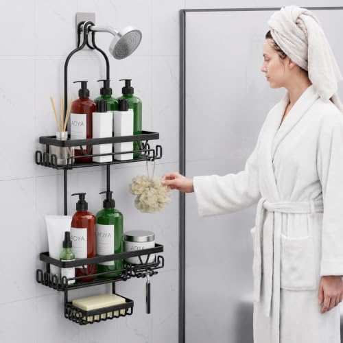 DAOYA Shower Caddy Hanging, Anti-Swing Over Head Shower Caddy, Rustproof Bathroom Organizer with Soap Holder & Hooks - color: Black, size: L