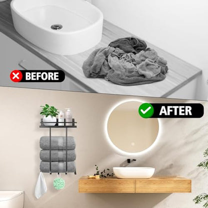 Wall Mounted Bathroom Towel Storage Rack with Shelf and 5 Hooks, Black | Holds 3 Large Towels, Stainless Steel, For Rolled Towels, For Bath Towels