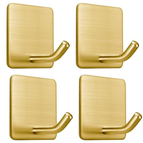 Golden Stainless Steel Square Self Adhesive Hooks - Extra-Long Anti-Slip with Upgraded Adhesive, Holds 15lb Heavy Duty Wall Hooks for Kitchen, Bathroom, Garage -4 Packs - color: Gold
