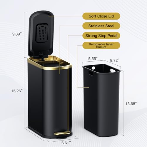 CEROELDA Small Bathroom Trash Can with Lid Soft Close-10L/2.6 Gal Slim Garbage Can-Metal Step Wastebasket-Rectangle Narrow Waste Bin for Office, Bedroom, Toilet, Live Room (Black) - color: Black, size: 2.6 Gallon