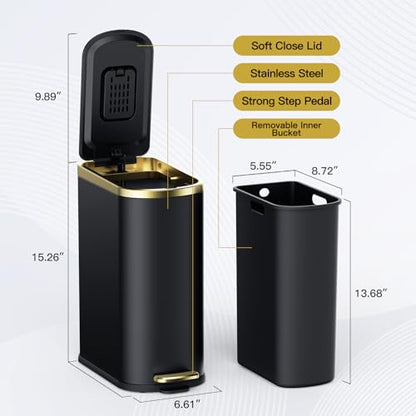 CEROELDA Small Bathroom Trash Can with Lid Soft Close-10L/2.6 Gal Slim Garbage Can-Metal Step Wastebasket-Rectangle Narrow Waste Bin for Office, Bedroom, Toilet, Live Room (Black) - color: Black, size: 2.6 Gallon