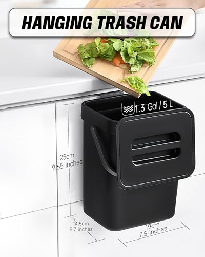 1.3 Gal Kitchen Compost Bin, Hanging Small Trash Can, 5L, Black | With Lid, Hanging, Adhesive Mount, Countertop, for Kitchen Under Sink RV Bathroom Office - color: BLACK, size: 5 L / 1.3 Gal - Lid