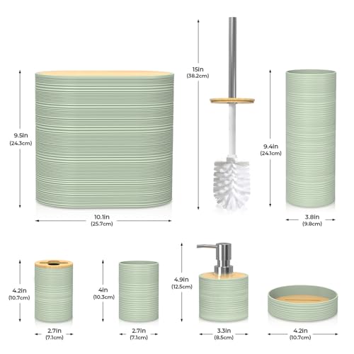 Bathroom Accessory Set, 6-Pcs Green | Trash Can, Soap Dispenser, Toothbrush Holder & Cup, Soap Dish, Toilet Brush - color: Green