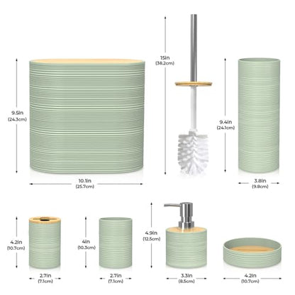 Bathroom Accessory Set, 6-Pcs Green | Trash Can, Soap Dispenser, Toothbrush Holder & Cup, Soap Dish, Toilet Brush - color: Green