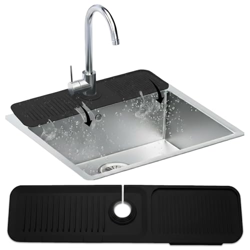 Silicone Faucet Mat for Kitchen Sink 17.7 Inch | 5° Slope Fast Self-Draining Sink Splash Guard | Multipurpose Faucet Mat Foldable Durable No Smell | Cut-to-Fit Opening Up to 2.6in | Black - color: Black, size: 17.7" X 5.5"
