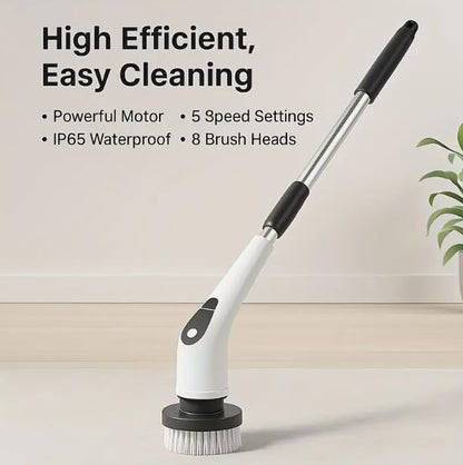 Electric Spin Scrubber, 5-Speed Power Spin Cleaner with 8 Replaceable Brush Heads, IPX7 Waterproof, Adjustable Extension Handle, Large Battery for Bathroom, Shower, Tile, and Floor Cleaning
