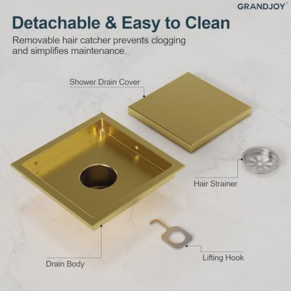 6 Inch Square Shower Floor Drain, Brushed Gold SUS304 Stainless Steel Grid Grate with X-Shaped High Flow Channel, Anti-Clogging Hair Strainer, Standard 2" Outlet | Reversible flat & tile-in cover, anti-odor auto-seal core, burr-free smooth edges for baref