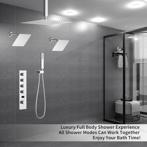 Polished Chrome Shower System with 3 Rain Shower Head(12+8+8 inch), Handheld Spray, 4 Way Smart Temperature Display Shower Faucet set - color: Chrome, size: 12+8+8 inch