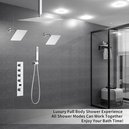 Polished Chrome Shower System with 3 Rain Shower Head(12+8+8 inch), Handheld Spray, 4 Way Smart Temperature Display Shower Faucet set - color: Chrome, size: 12+8+8 inch