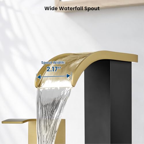 gotonovo Waterfall Bathroom Faucet 3 Hole Square Body,Brushed Gold&Black | SUS304 8’’ Widespread Bathroom Sink Faucet,2.17’’ Wide Spout,24’’ cUPC Hose,Pop Up Drain,2 Handle,Vanity,Lavatory,Basin,RV - color: Gold&Black
