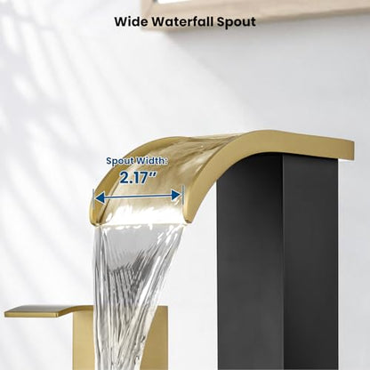 gotonovo Waterfall Bathroom Faucet 3 Hole Square Body,Brushed Gold&Black | SUS304 8’’ Widespread Bathroom Sink Faucet,2.17’’ Wide Spout,24’’ cUPC Hose,Pop Up Drain,2 Handle,Vanity,Lavatory,Basin,RV - color: Gold&Black