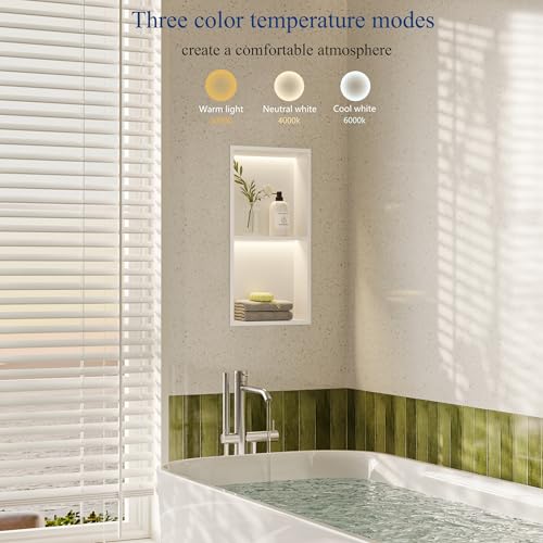 White 2-Tier 3 CCT LED Niche, 12"x24" No-Tile Shower Storage | shower niche with 3-Temperature LED Strip Light (4000K/6000K/3000K),Waterproof, Sturdy&Durable,304 Stainless Steel Wall Niche - color: White, size: 12X24In