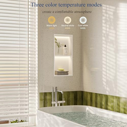 White 2-Tier 3 CCT LED Niche, 12"x24" No-Tile Shower Storage | shower niche with 3-Temperature LED Strip Light (4000K/6000K/3000K),Waterproof, Sturdy&Durable,304 Stainless Steel Wall Niche - color: White, size: 12X24In