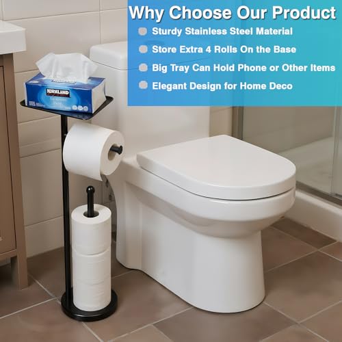 Toilet Paper Holder with Shelf, Freestanding Toilet Paper Stand with Storage Space for Holding Extra 4 Toilet Paper Rolls (Stainless Steel Base, Black) - color: Black