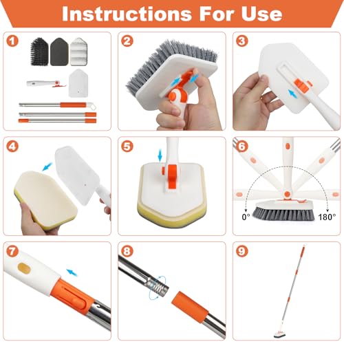 Long Handled Scrub Brush for Shower，3-in-1 Cleaning Brushes with 3 Different Function Cleaning Heads Brush for Shower Cleaning Bathroom Kitchen Walls Tub Tile - color: Orange