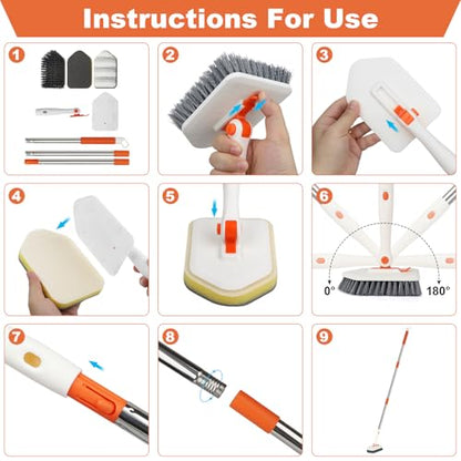 Long Handled Scrub Brush for Shower，3-in-1 Cleaning Brushes with 3 Different Function Cleaning Heads Brush for Shower Cleaning Bathroom Kitchen Walls Tub Tile - color: Orange