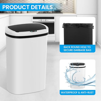 13 Gallon Trash Can | 50L Sensor Automatic Kitchen Trash Can with Lid | Touchless Garbage Bin Odor-Control for Kitchen, Office, Bedroom, Living Room (1 Pack, White) - color: White