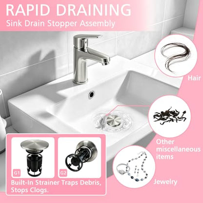 Bathroom Sink Drain with Overflow,Nickel Brushed Bathroom Sink Stopper | Pop Up Drain Assembly with Detachable Basket Stopper,for Bathroom Vanity Vessel Sink,with Silicone Hair Catcher - color: Bathroom Sink Drain -Nickel Brushed