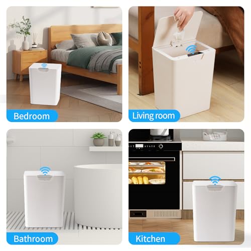 YOGOODS 4 Gal Bathroom Trash Can with Lid, Automatic Trash Can Small Smart Garbage Can Touchless, Slim Motion Sensor Waterproof Plastic Trash Bins for Bedroom Office Kitchen Toilet(White)