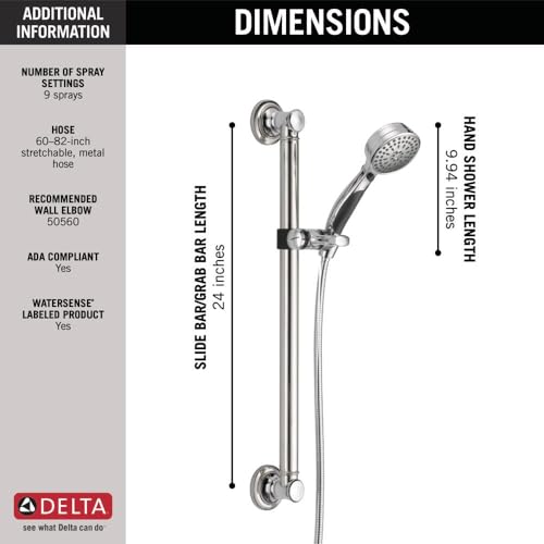Delta Faucet 9-Spray Slide Bar Hand Held Shower with Hose, Chrome Handheld Shower Head, Slide Bar Hand Shower, Handheld Shower, Detachable Shower Head, Chrome 51900 - color: Chrome