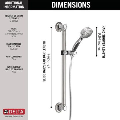 Delta Faucet 9-Spray Slide Bar Hand Held Shower with Hose, Chrome Handheld Shower Head, Slide Bar Hand Shower, Handheld Shower, Detachable Shower Head, Chrome 51900 - color: Chrome