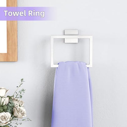 5-Pieces Bathroom Hardware Accessories Set, 24 Inch Stainless Steel Towel Racks for Bathroom, Towel Bar Set Towel Ring Coat Hook and Toilet Paper Holder with Shelf Wall Mounted, Brushed Silver - color: Silver
