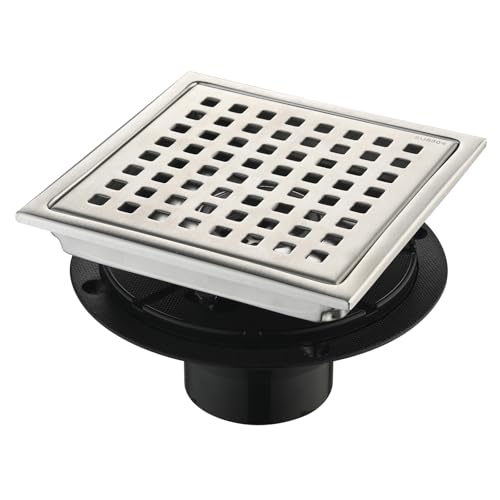 6 Inch Square Shower Drain with Removable Square Grille, Brushed 304 Stainless Steel, PVC Shower Drain Base, Includes Hair Strainer for Kitchen, Bathroom, Garage - color: 6-inch Brushed Nickel